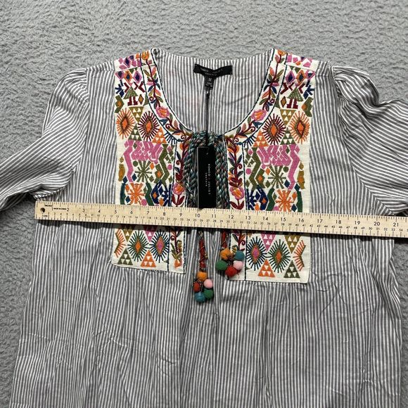 Boho Blouse Womens Medium Blue Striped Embroidery Open Front Top Farmhouse NWT - Picture 13 of 15
